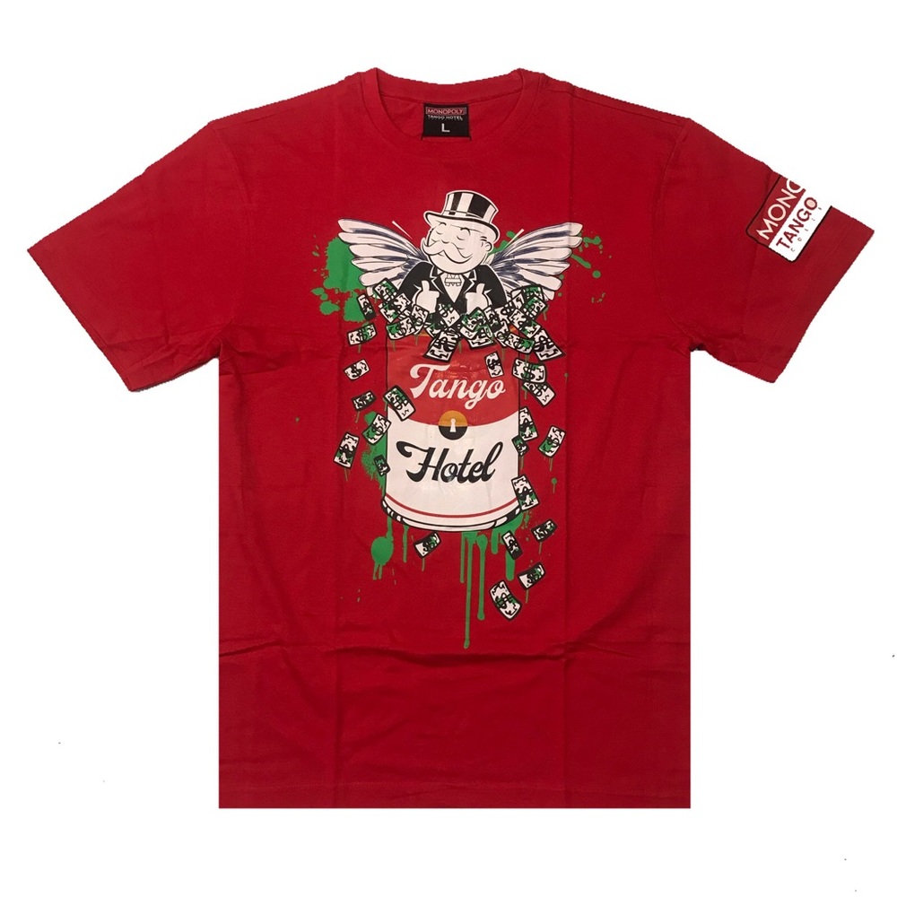 Men’s Red Monopoly “Fine Arts” tee. Sizes S, M, L, and XL.
